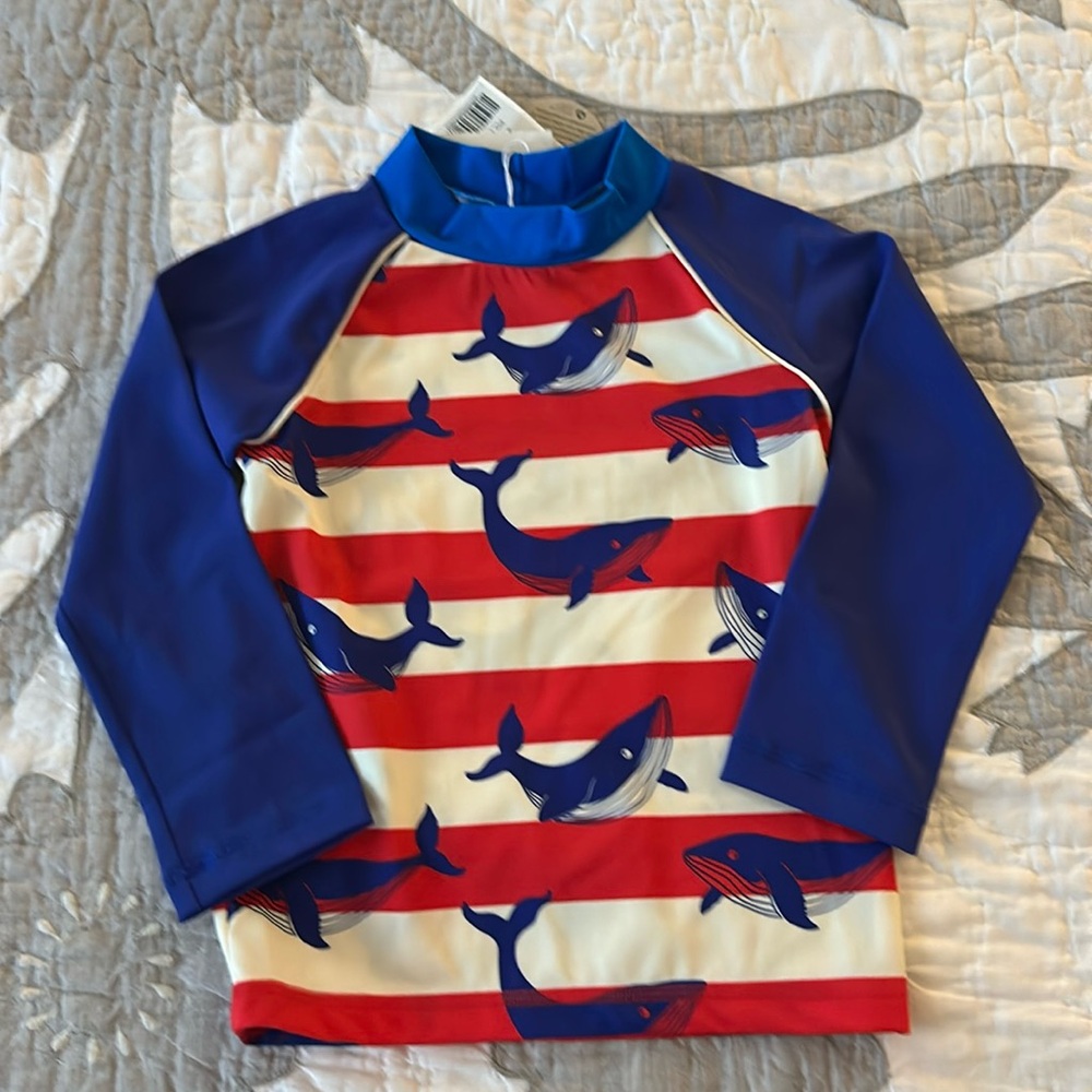 Boden Rashguard Blue, Red & white whale print